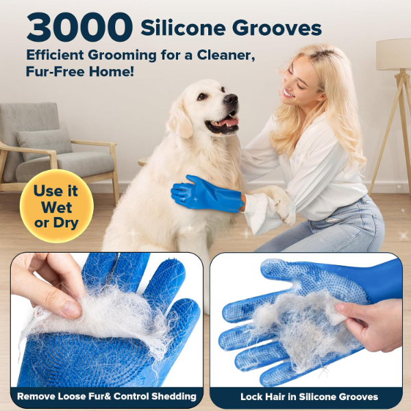 Pet grooming gloves and dog bath brushes for washing, brushing and massaging coats at home
