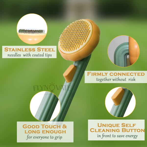 Flynovate Self Cleaning Dog Comb displaying one-click hair removal function for quick brush cleaning after grooming