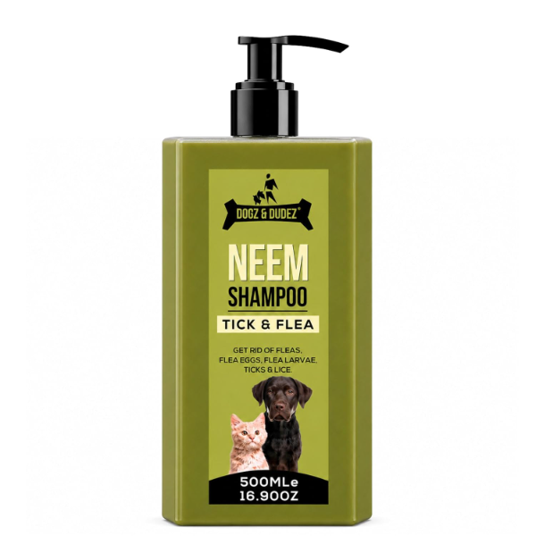 Dogz & Dudez natural neem dog shampoo bottles for routine coat cleansing and tick flea care grooming