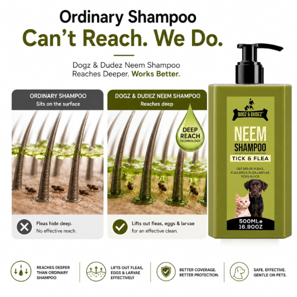 Natural neem dog shampoo highlighting gentle water-like formula for easy rinsing after pet bathing sessions