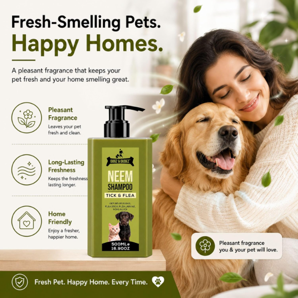 Natural neem dog shampoo featuring neem and lemongrass oil for regular dog coat care routine use