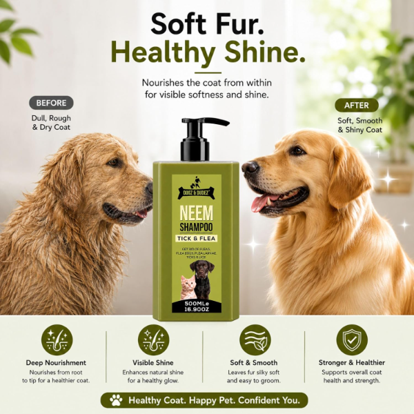 Natural neem dog shampoo pack designed for vegan paraben free pH balanced dog grooming routine