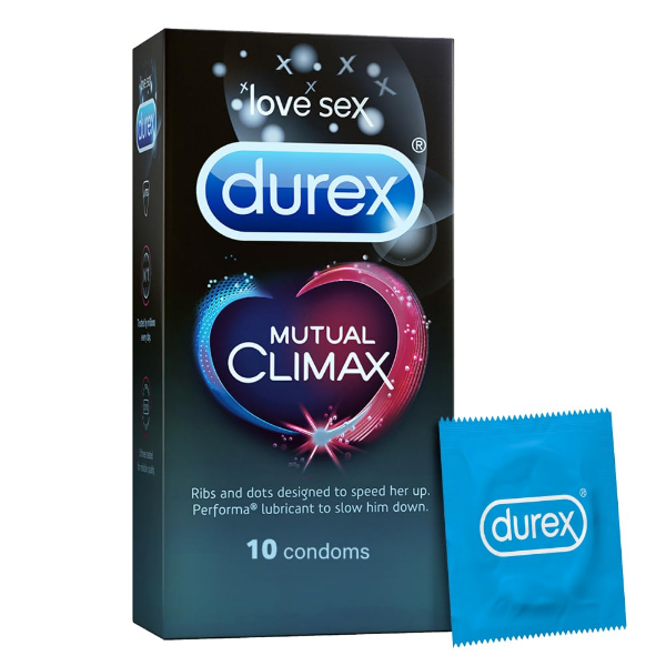 Durex Mutual Climax Condoms with ribbed and dotted climax delay design, 5 count pack