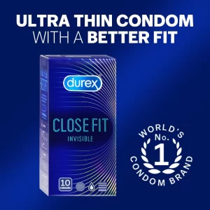 Durex Close Fit Condoms pack showing the ultra thin design and close fit for men during intimate use