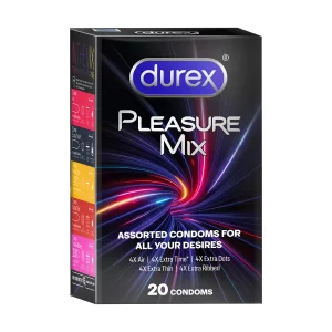 Durex Pleasure Pack assorted condoms with thin, dotted and ribbed textures in a 100-unit pack