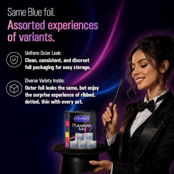 Durex Pleasure Pack assorted condoms with dotted and ribbed textures for enhanced sensory experience