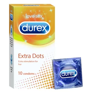 Durex Extra Dotted condoms for men with raised dots and a lubricated natural latex construction
