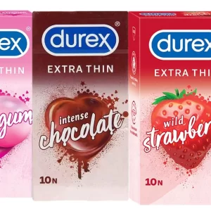 Durex extra thin condoms with Bubblegum, Chocolate and Strawberry flavours in a 60 piece pack