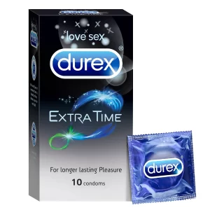Durex Extra Time Condoms retail pack showing natural latex lubricated condoms with delay lubricant for adults