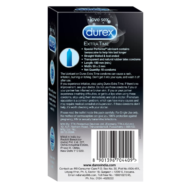 Durex Extra Time Condoms package highlighting lubricated straight walled natural latex condom design details