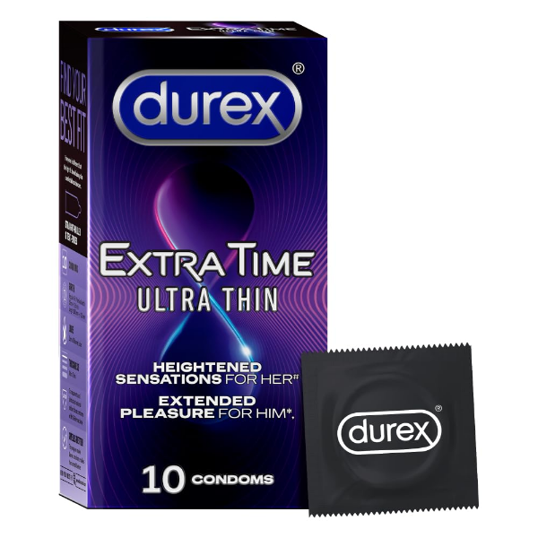 Durex Extra Time Ultra Thin condoms pack showing the product name and ultra thin condom design clearly