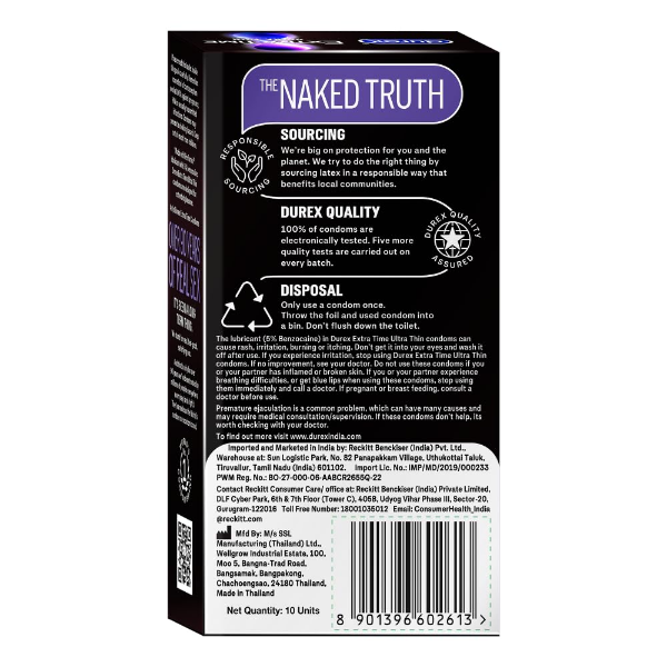 Durex Extra Time Ultra Thin condoms pack displayed with the stated ultra thin condom design and features