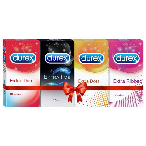 Durex multi-pack condoms featuring Extra Time, Extra Dotted and Extra Ribbed options in 80 count