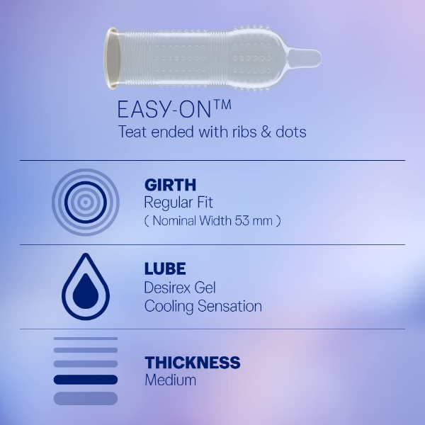 Durex Intense condoms showing ribbed and dotted texture with stimulating gel