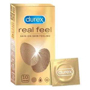 Durex Real Feel condoms pack showing the product name and stated 56mm width clearly on view