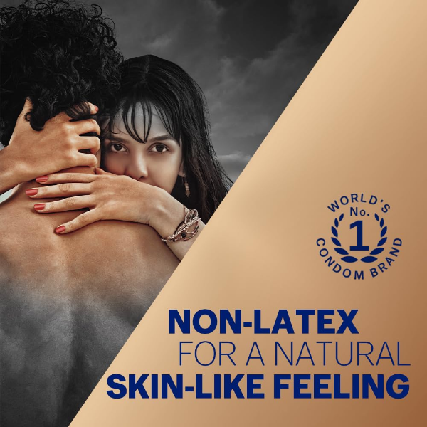 Durex Real Feel condoms packaging highlighting the stated 56mm width and product range details