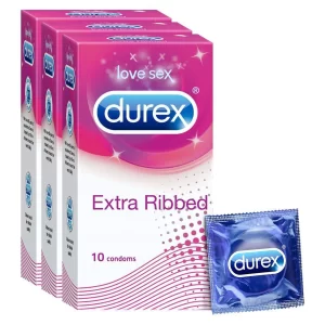 Durex Extra Ribbed Condoms with ribbed and dotted texture in transparent natural latex