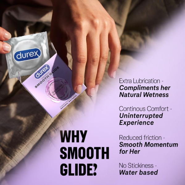 Durex Smooth Glide Condoms for men featuring a regular fit and 52 mm nominal width specification