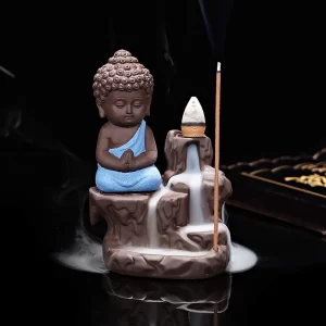 eCraftIndia Backflow Incense Holder featuring meditating monk Buddha with decorative smoke waterfall design