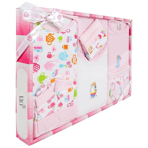 EIO baby clothing gift set featuring 13 soft cotton pieces for newborn baby shower gifting use