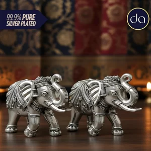 Silver plated elephant idol pair for Vastu decor, puja room and home temple settings at home
