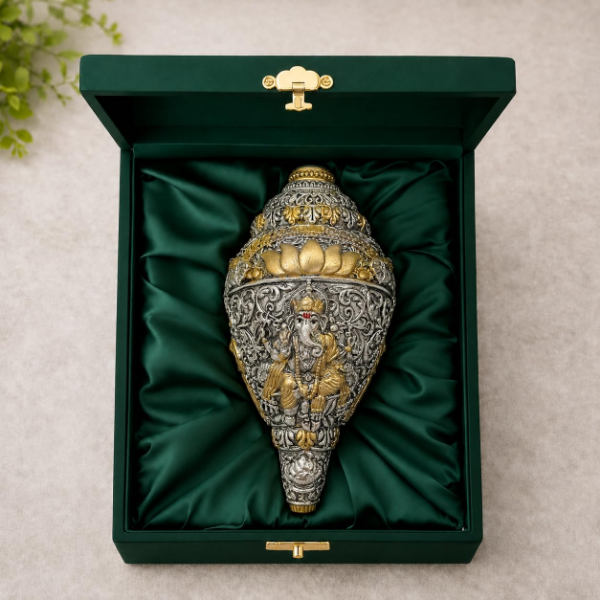 Ganesh Shankh Showpiece with dual-tone 999 pure silver and rich 24K gold plated accents finish