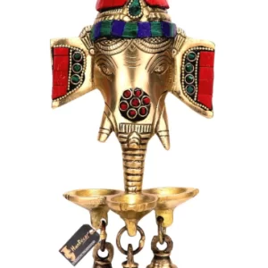 Brass Ganesha Diya wall hanging with bells and colourful gemstone work for traditional home décor