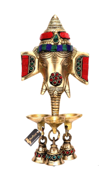 Brass Ganesha Diya wall hanging with bells and colourful gemstone work for traditional home décor