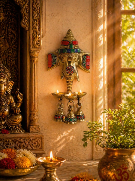Brass Ganesha Diya with gemstone-style stone work and bells for temple and festive home decoration