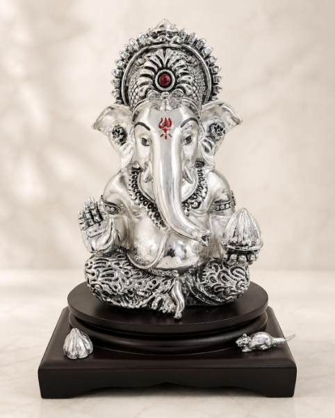 Silver-plated Ganesha Idol for Home with Modak, Mushak and detailed traditional ornamentation