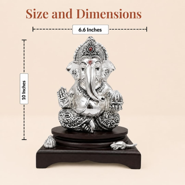 Silver-plated Ganesha Idol for Home showing ornate crown, attire, facial details and motifs