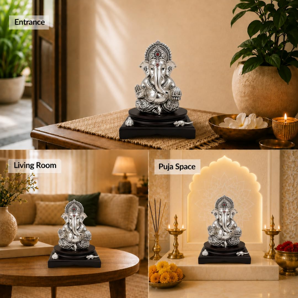 Silver-plated Ganesha Idol for Home with Modak and Mushak on a detailed traditional design