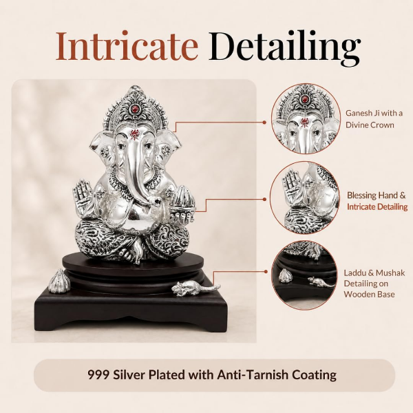 Silver-plated Ganesha Idol for Home featuring a radiant finish and intricate traditional detailing