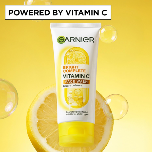 Garnier Vitamin C face wash tube featuring lemon enriched formula for brighter looking complexion daily