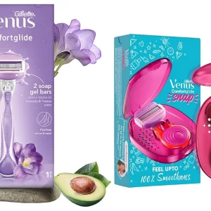 Gillette Venus Comfortglide and Snap women's body razor with soap gel bars and compact travel case
