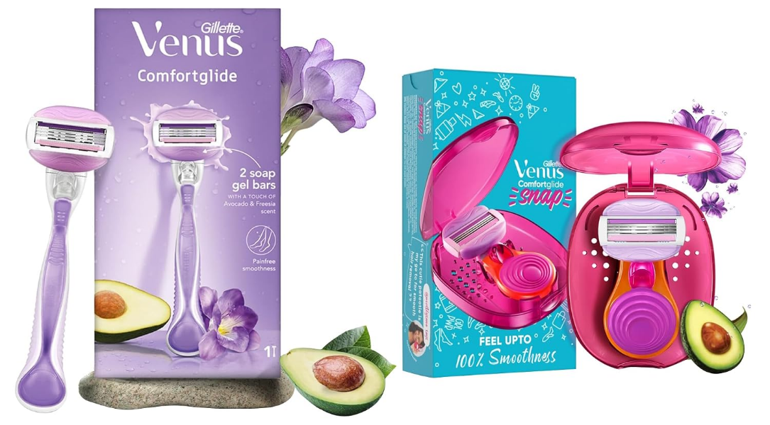 Gillette Venus Comfortglide and Snap women's body razor with soap gel bars and compact travel case