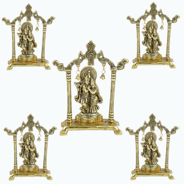 Gold plated Radha Krishna idol statue, 7 inch high and 5 inch wide metal decorative showpiece