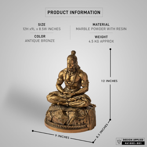 Hanuman Meditation Murti, Marble Bajrang Bali Statue for Home Temple and Living Space Decor