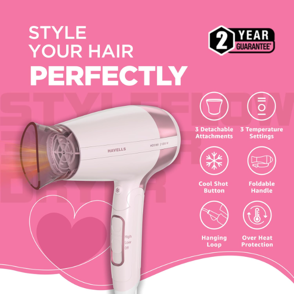 Havells Styling Hair Dryer with Aerofocus nozzle for precise airflow and controlled hair styling performance