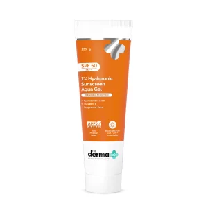 The Derma Co SPF 50 sunscreen aqua gel tube with lightweight hydrating formula for daily protection