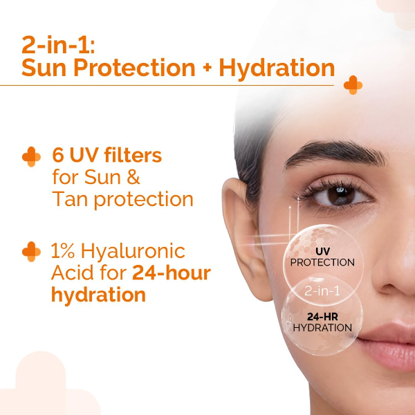 The Derma Co SPF 50 sunscreen packaging highlighting broad spectrum and blue light protection formula