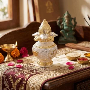DHRUVS COLLECTION Gold Mangal Kalash with coconut decorative pooja showpiece featuring gold and silver plated finish for home