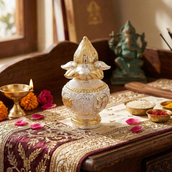 DHRUVS COLLECTION Gold Mangal Kalash with coconut decorative pooja showpiece featuring gold and silver plated finish for home
