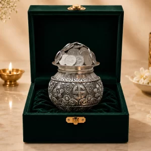 Silver plated kalash Khazana with auspicious coins for home mandir and spiritual decor