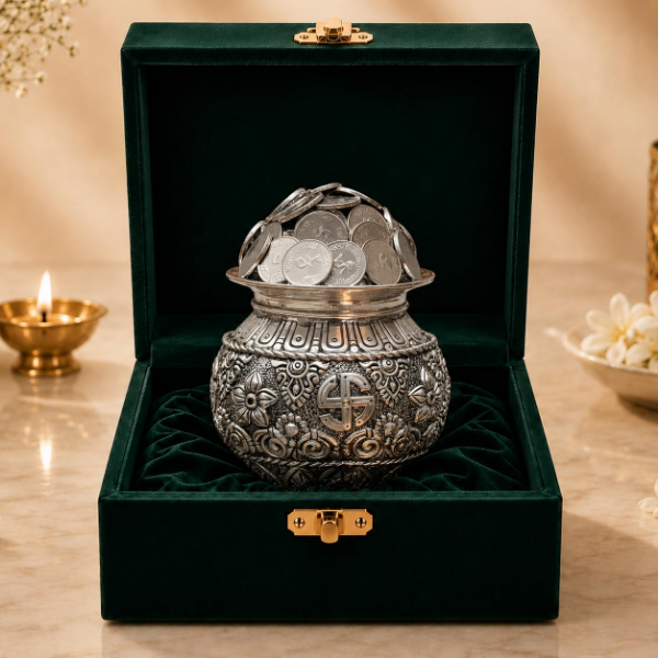 Silver plated kalash Khazana with auspicious coins for home mandir and spiritual decor