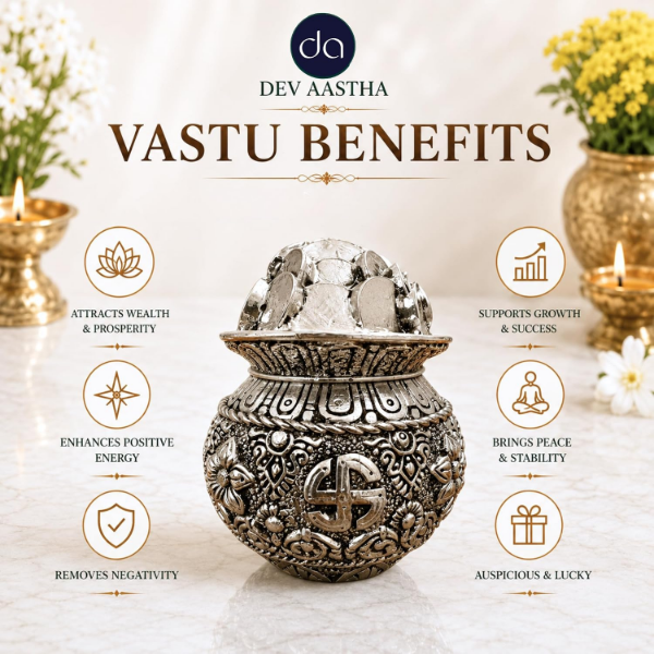 Silver plated kalash Khazana featuring carved swastika and floral detailing for pooja space decor