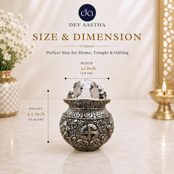 Silver plated kalash Khazana with included silver-plated coins symbolising abundance and prosperity