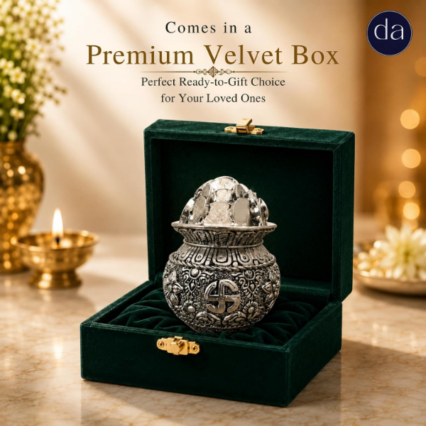 Silver plated kalash Khazana suitable for Vastu-inspired home and office spiritual decoration