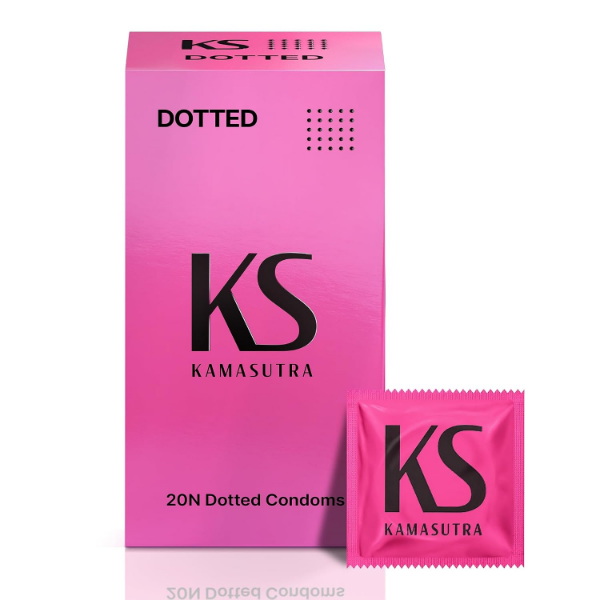 KamaSutra dotted condoms for men shown as a 60 count pack of 3 for purchase