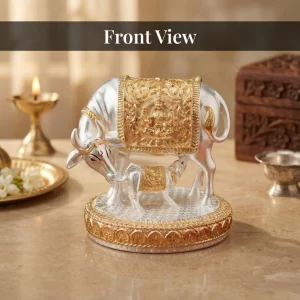 24K Gold and 999 Pure Silver Plated Kamdhenu Cow Idol, 6 Inch Vastu Home Mandir Room Decor